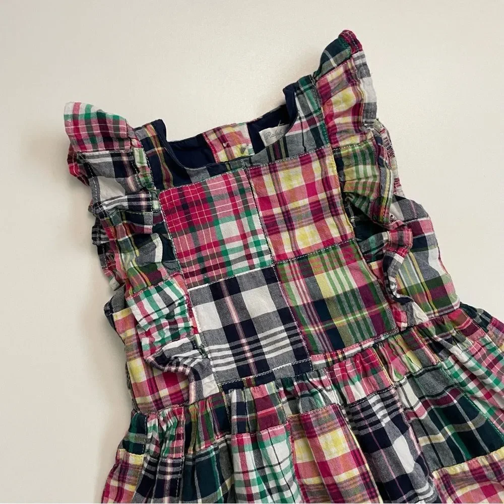 Ralph Lauren Dress Madras Plaid Ruffle Lined Cotton Sleeveless Blue Pink Green